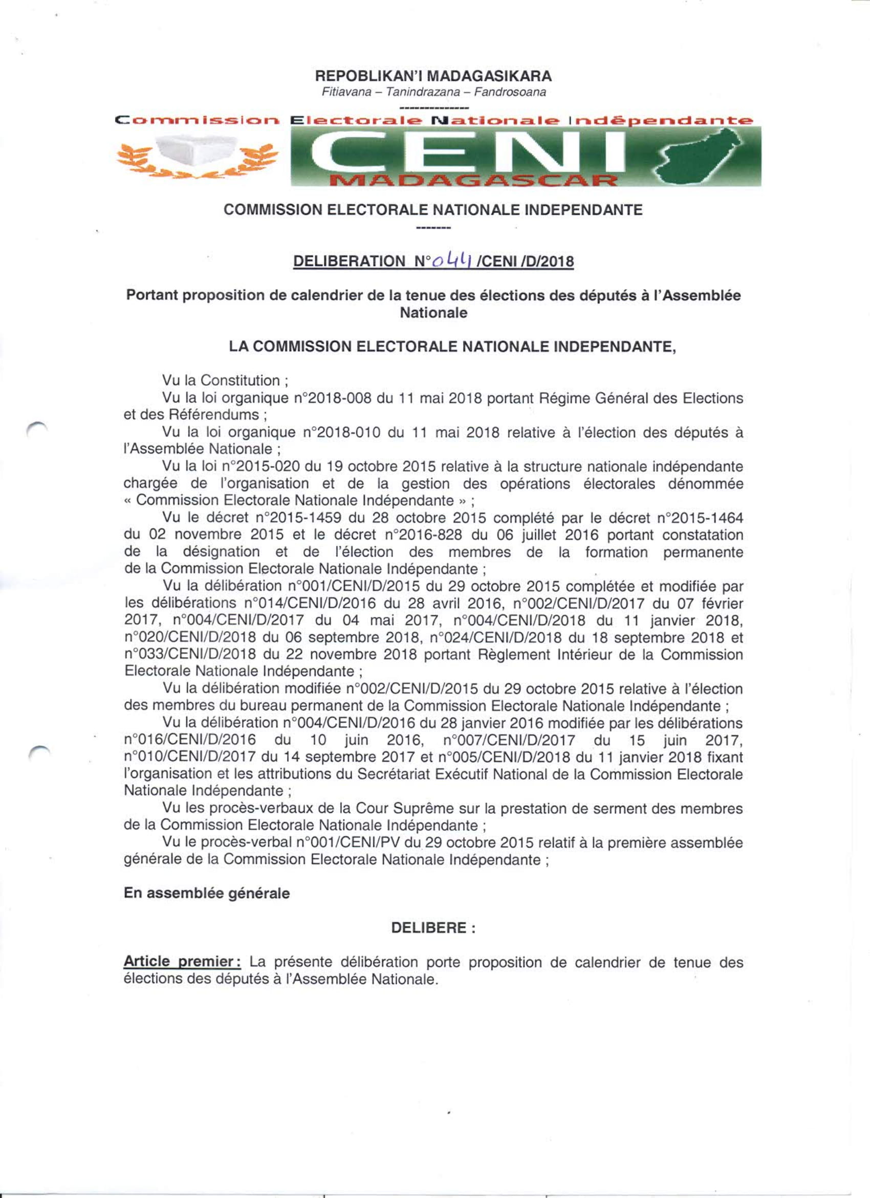 Proposition de calendrier de la tenue des élections des députés à l’Assemblée Nationale