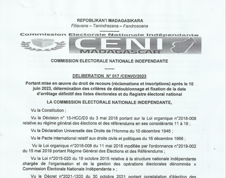 Déliberation N°017/CENI/D/2023; Communiqué de presse; Liste arrêtée le 10 juin 2023